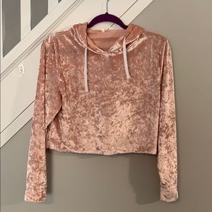 Light Pink Crushed Velvet Cropped Hooded Sweatshirt